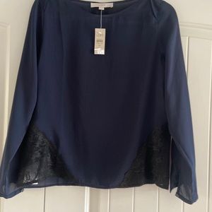 NWT Loft Navy & Black Lace Blouse Medium Petite